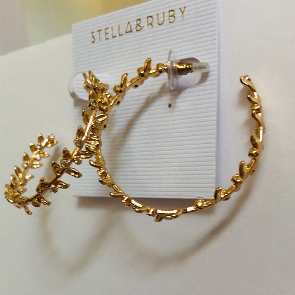 Stella & Ruby Gold Plated Hoop Earrings Trailing Leaf Crystal Accent - Picture 3 of 6